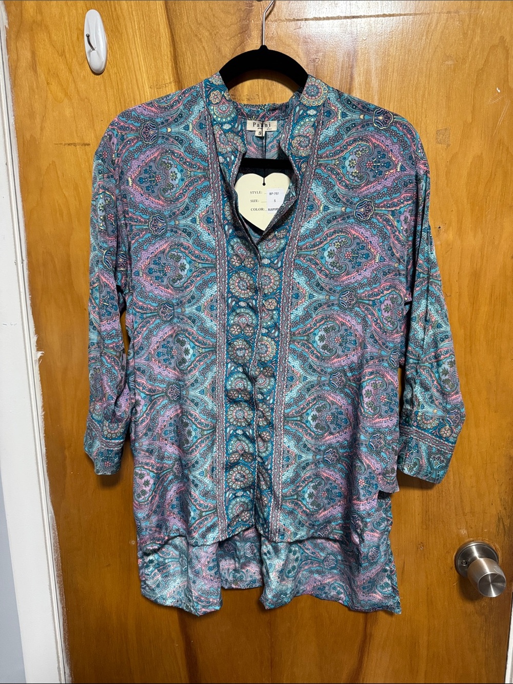 Paisley Button-Front Tunic Blouse in Teal & Pink